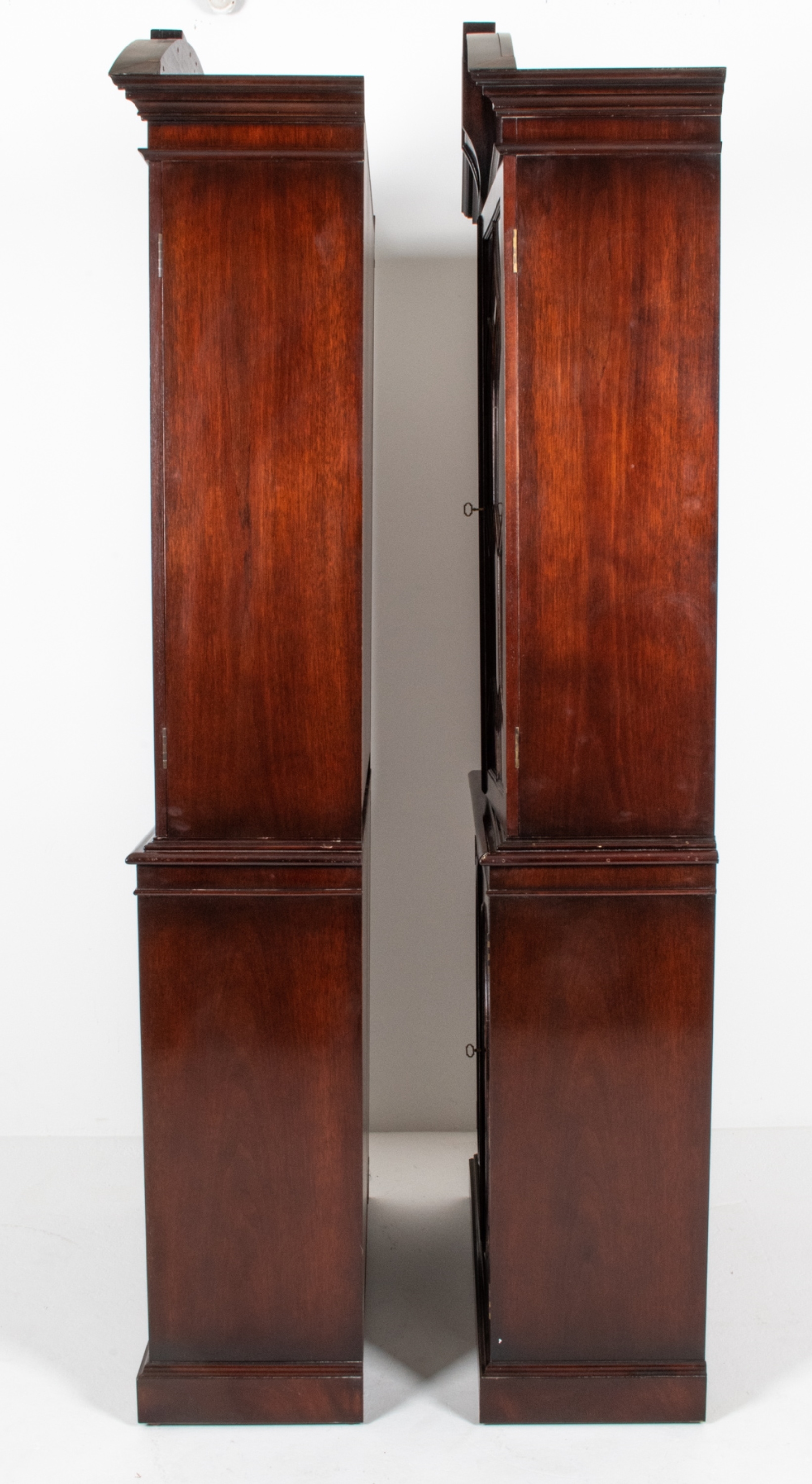 Artwork by W. Montague, PAIR W. MONTAGUE FLAME MAHOGANY DISPLAY CABINETS, Made of mahogany