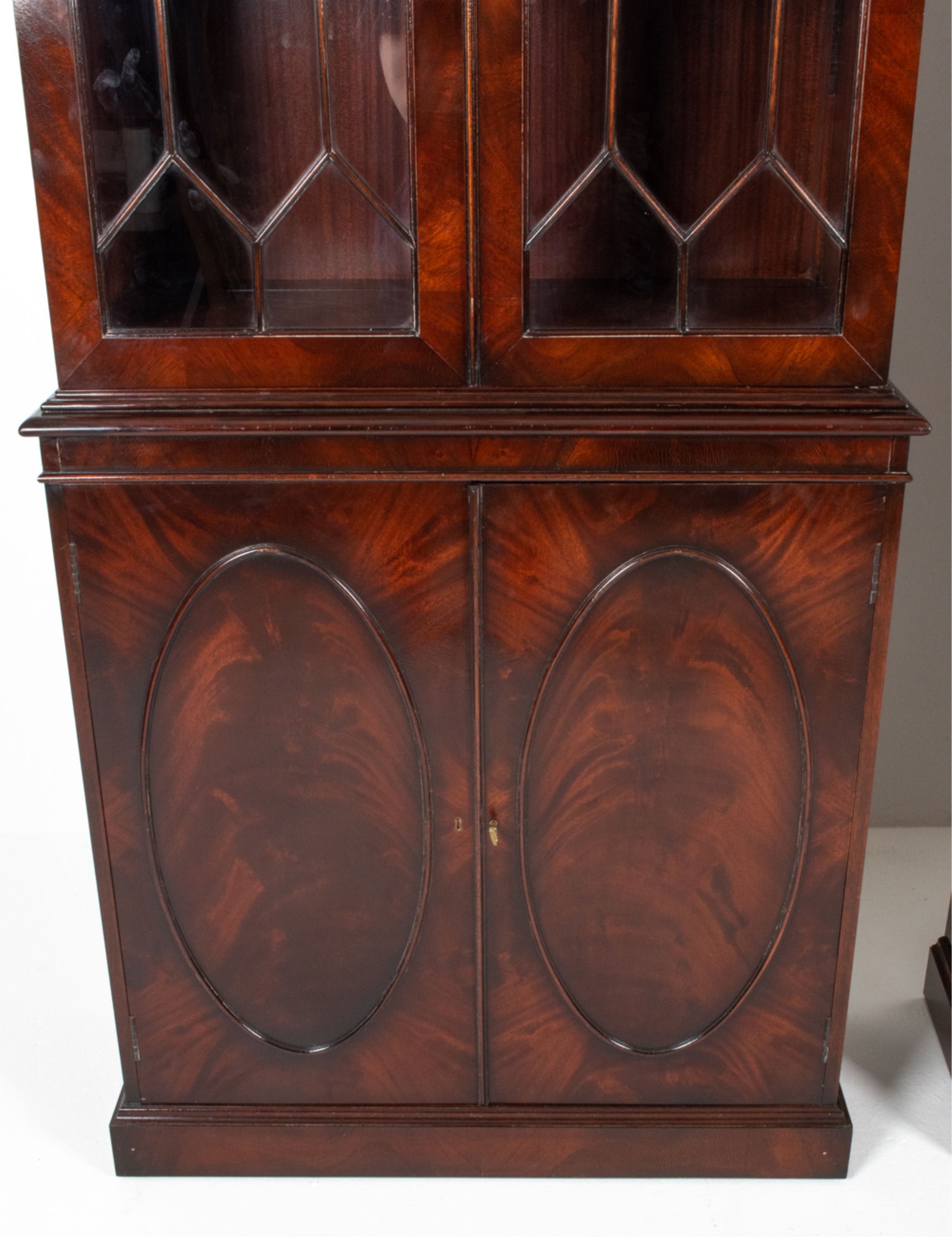 Artwork by W. Montague, PAIR W. MONTAGUE FLAME MAHOGANY DISPLAY CABINETS, Made of mahogany