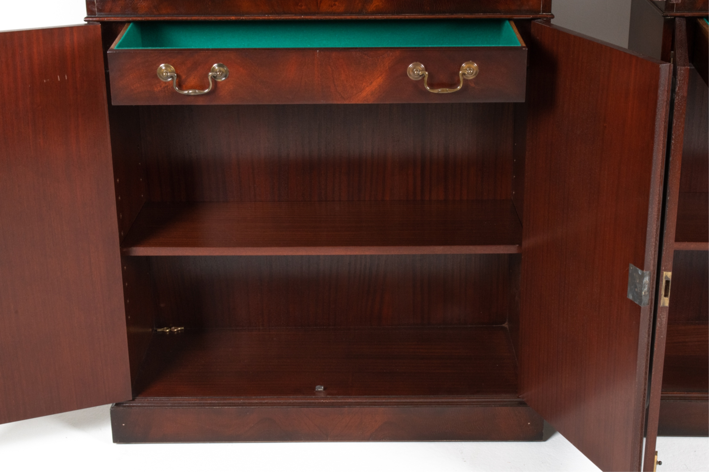 Artwork by W. Montague, PAIR W. MONTAGUE FLAME MAHOGANY DISPLAY CABINETS, Made of mahogany