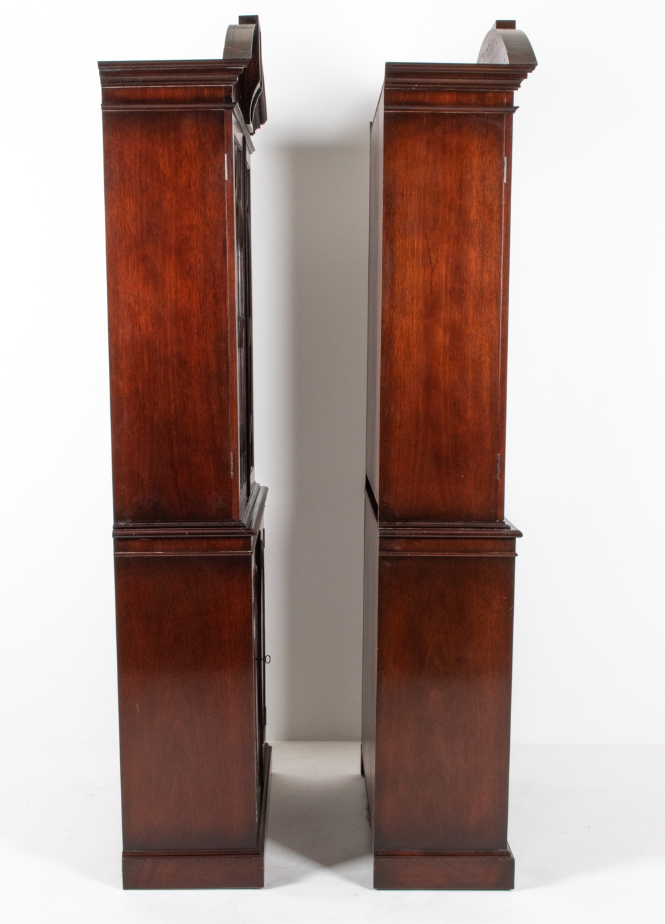 Artwork by W. Montague, PAIR W. MONTAGUE FLAME MAHOGANY DISPLAY CABINETS, Made of mahogany