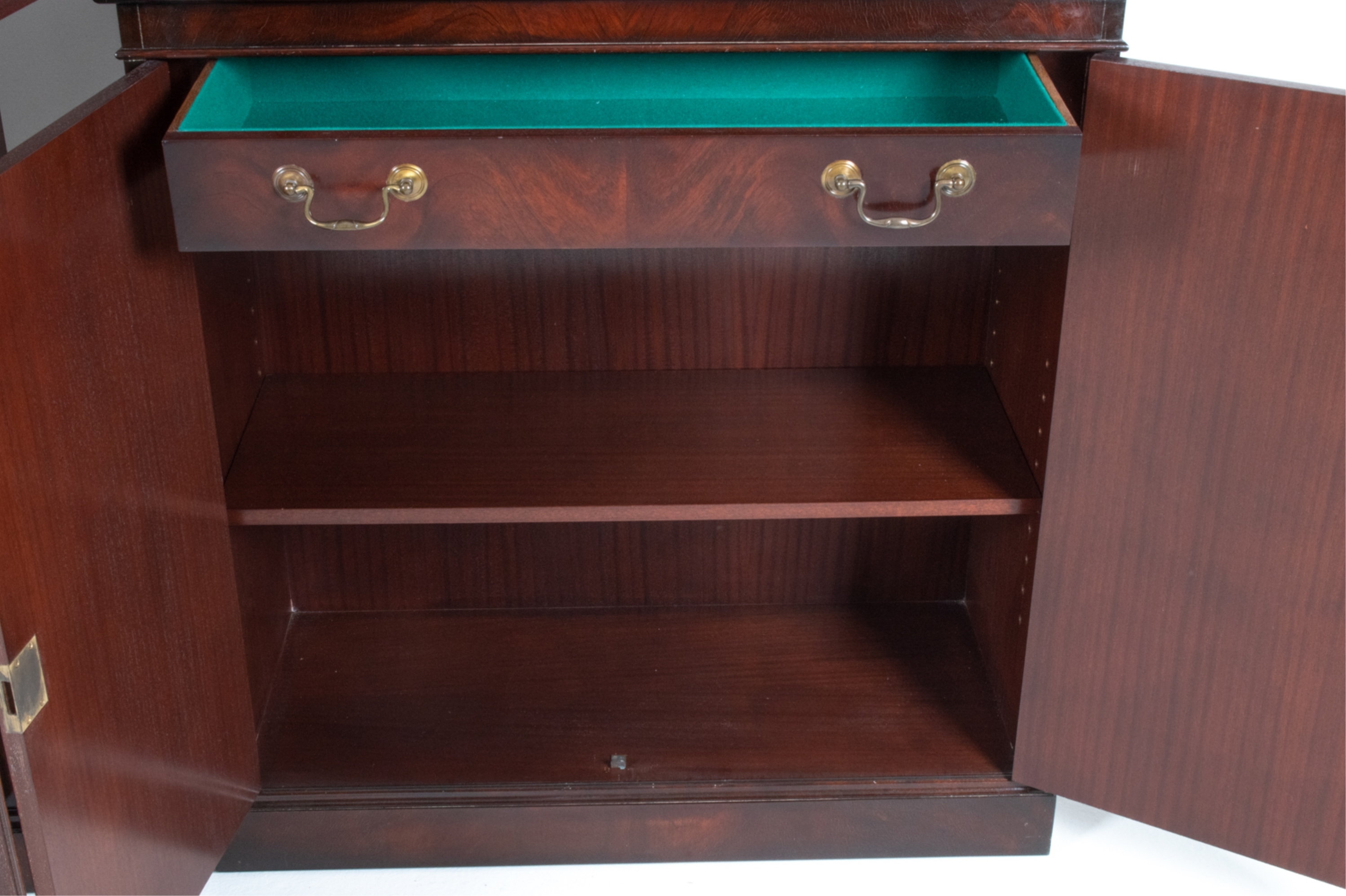 Artwork by W. Montague, PAIR W. MONTAGUE FLAME MAHOGANY DISPLAY CABINETS, Made of mahogany