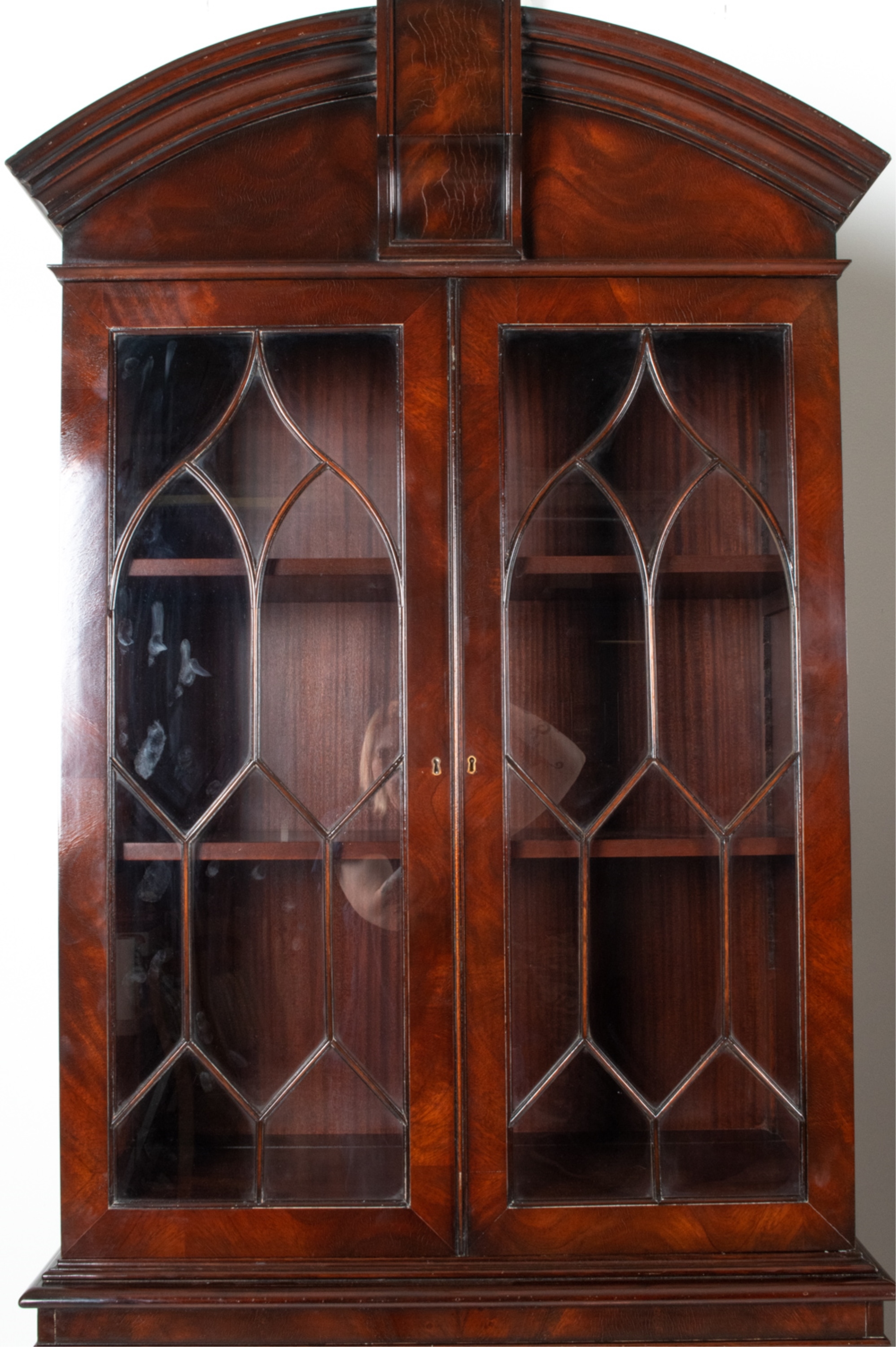 Artwork by W. Montague, PAIR W. MONTAGUE FLAME MAHOGANY DISPLAY CABINETS, Made of mahogany