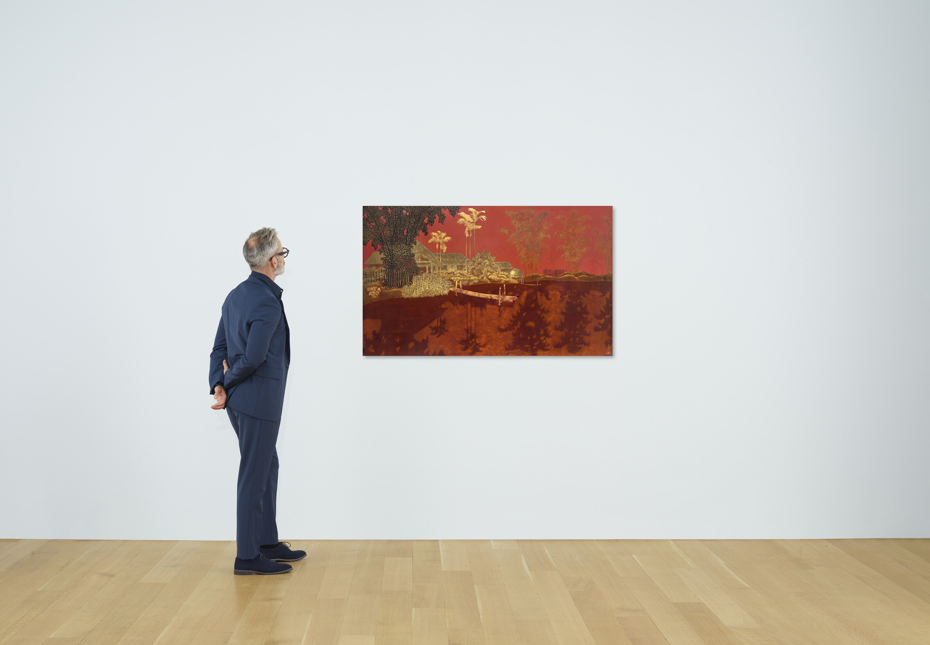 Artwork by Pham Hau, Le village au bord de l’eau (Village by the Lake), Made of lacquer on panel