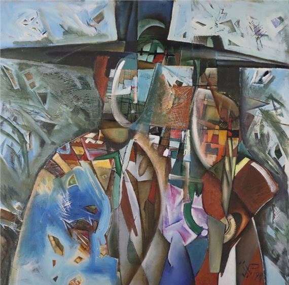 - Paar unter einem Hut, 1991, Öl auf Leinwand, unten rechts kyrillisch monogrammiert und datiert, verso russisch signiert, betitelt, datiert und ortsbezeichnet (Sankt-Petersburg) by Nikolai Reznichenko, 1991