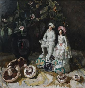 Still life with mushrooms, a vase of flowers and a pottery flatback - Margaret Kemplay Snowdon
