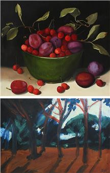 Still life with plums; Wooded landscape - Sara Allan