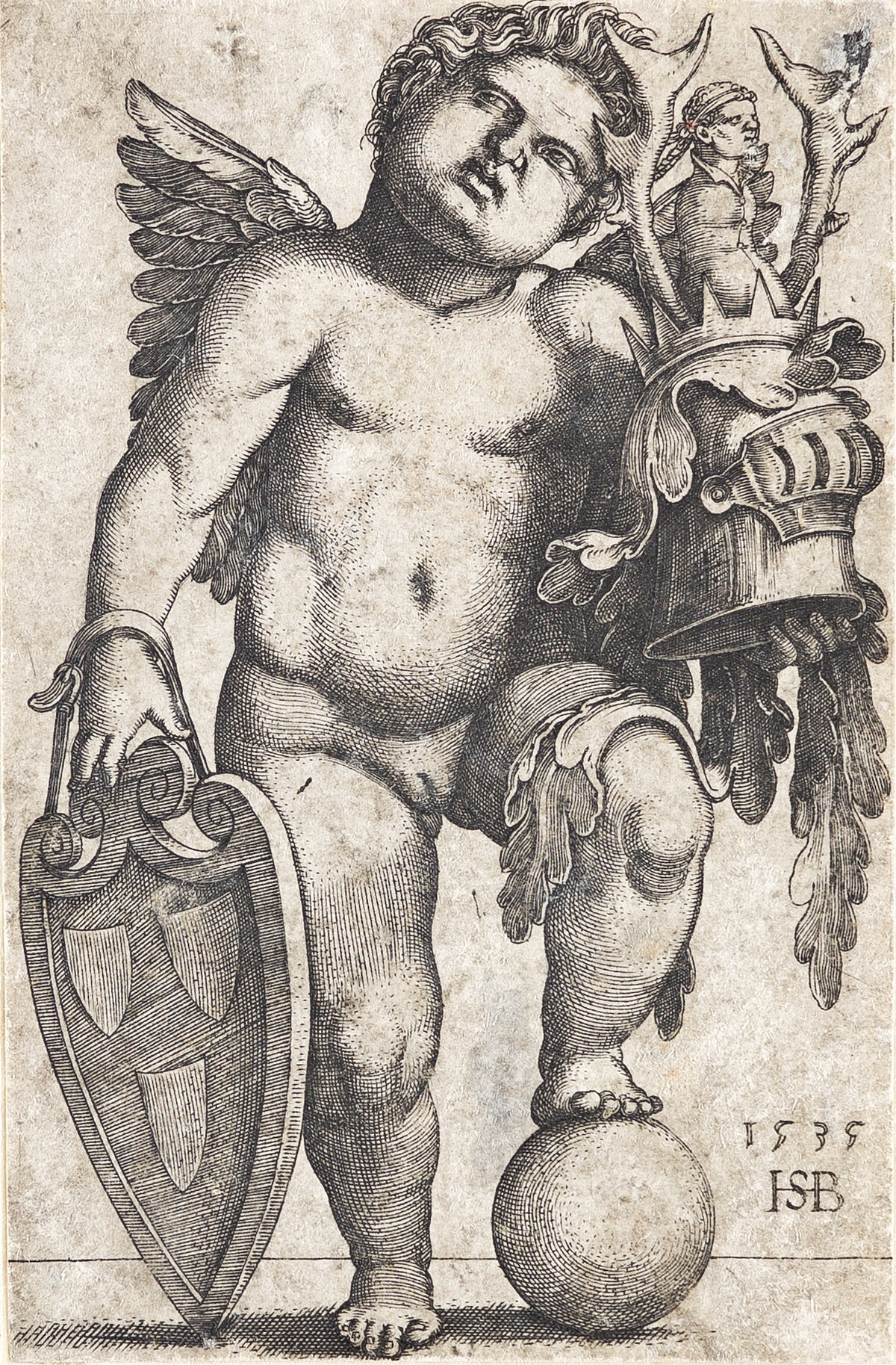 Hans Sebald Beham | Female Genius Holding a Coat of Arms (1535) | MutualArt