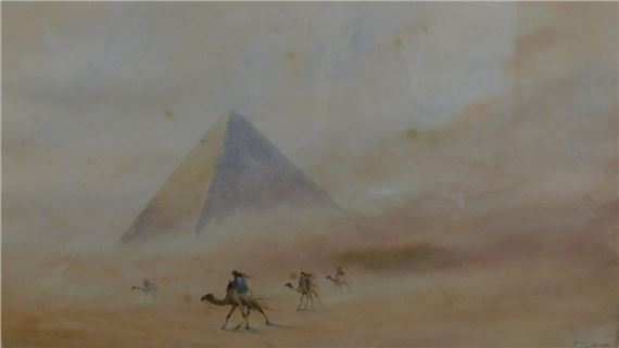 Egyptian scene, figures on camels before pyramid by Edwin St. John