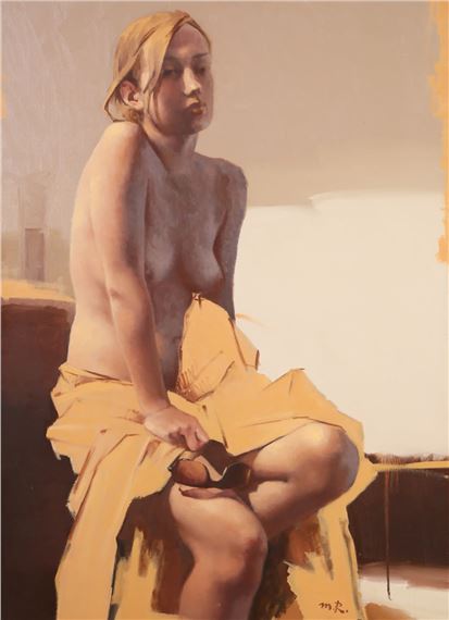 A nude figure seated with a yellow cloth wrapped around the lower body, rendered in warm tones and soft lighting.
