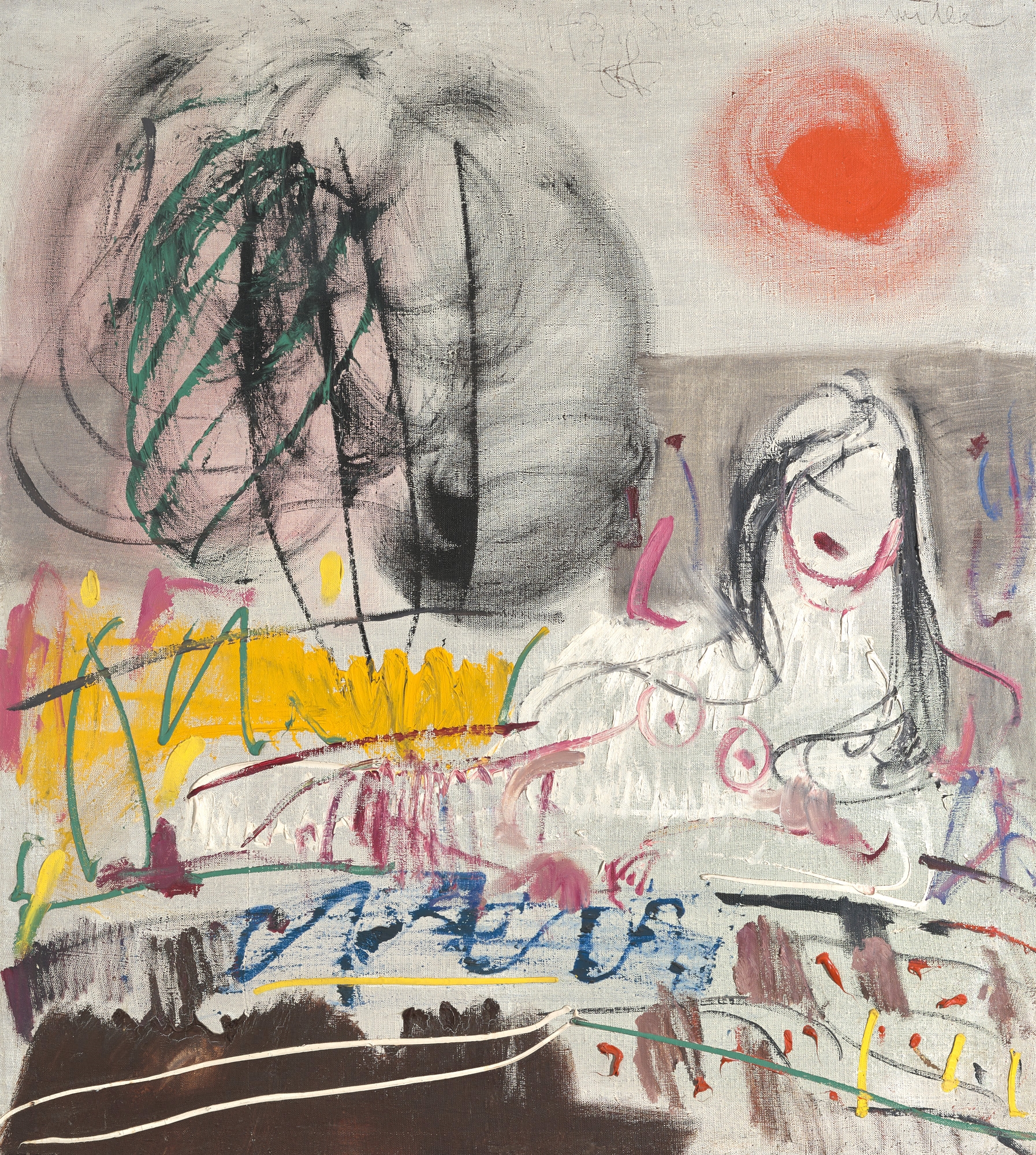 Artwork by Jānis Pauļuks, Sarkanā saule pludmalē 1973, Made of oil on canvas