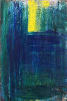 A vertical abstract painting featuring bold blue and green strokes with a bright yellow rectangular highlight.