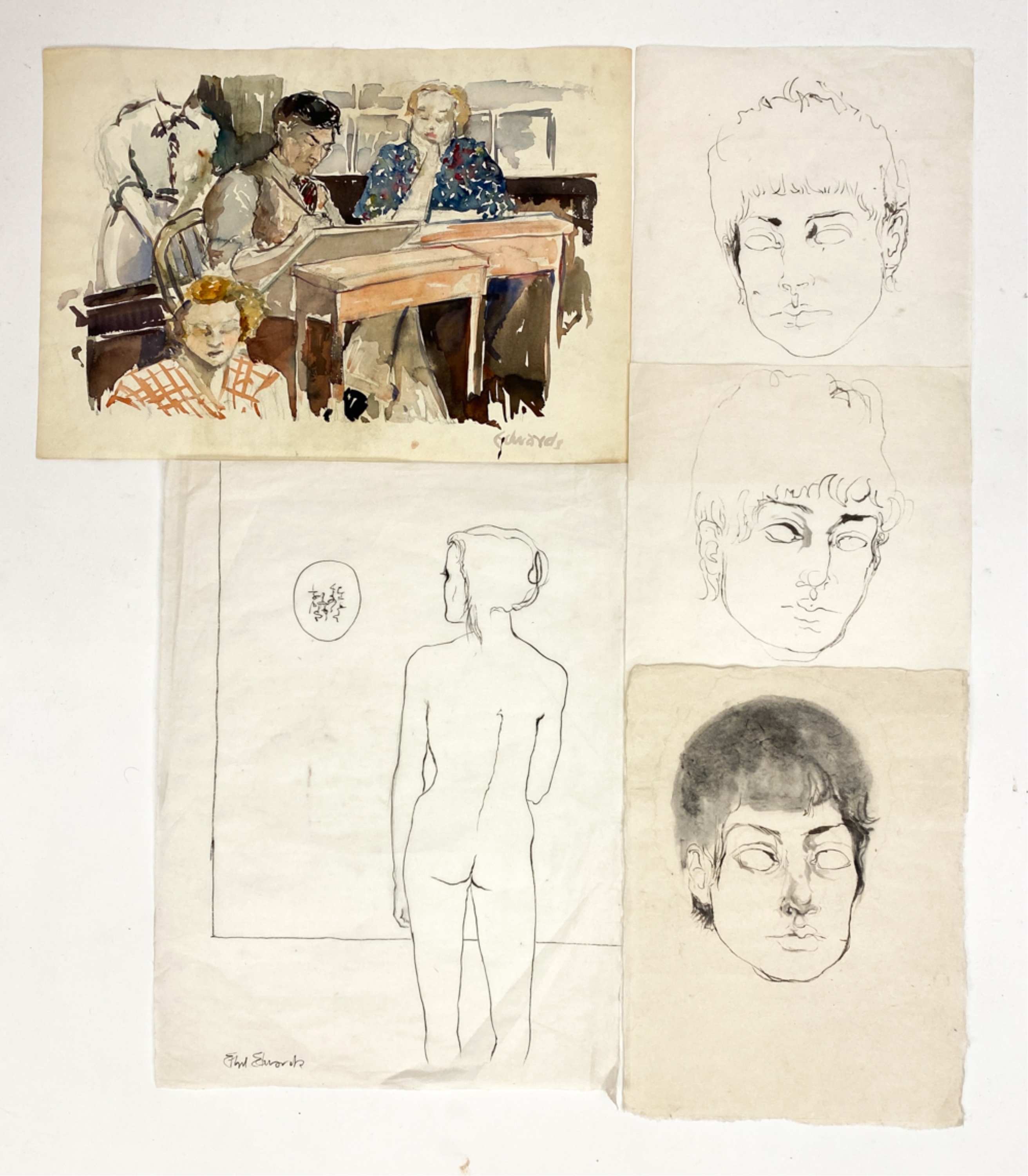 Artwork by Ethel Edwards, Untitled; Nude; Three Portraits, Made of double-sided watercolor (1); ink on japan (4)
