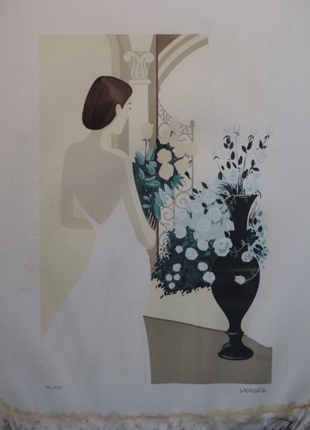 Artwork by Serge Vergez, Woman with bouquets, Made of lithograph