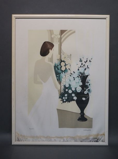 Artwork by Serge Vergez, Woman with bouquets, Made of lithograph