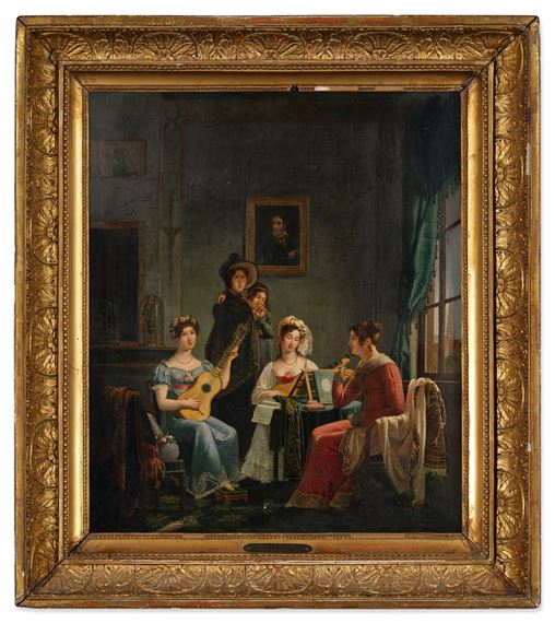 French School, 19th Century | Group of five women, two playing