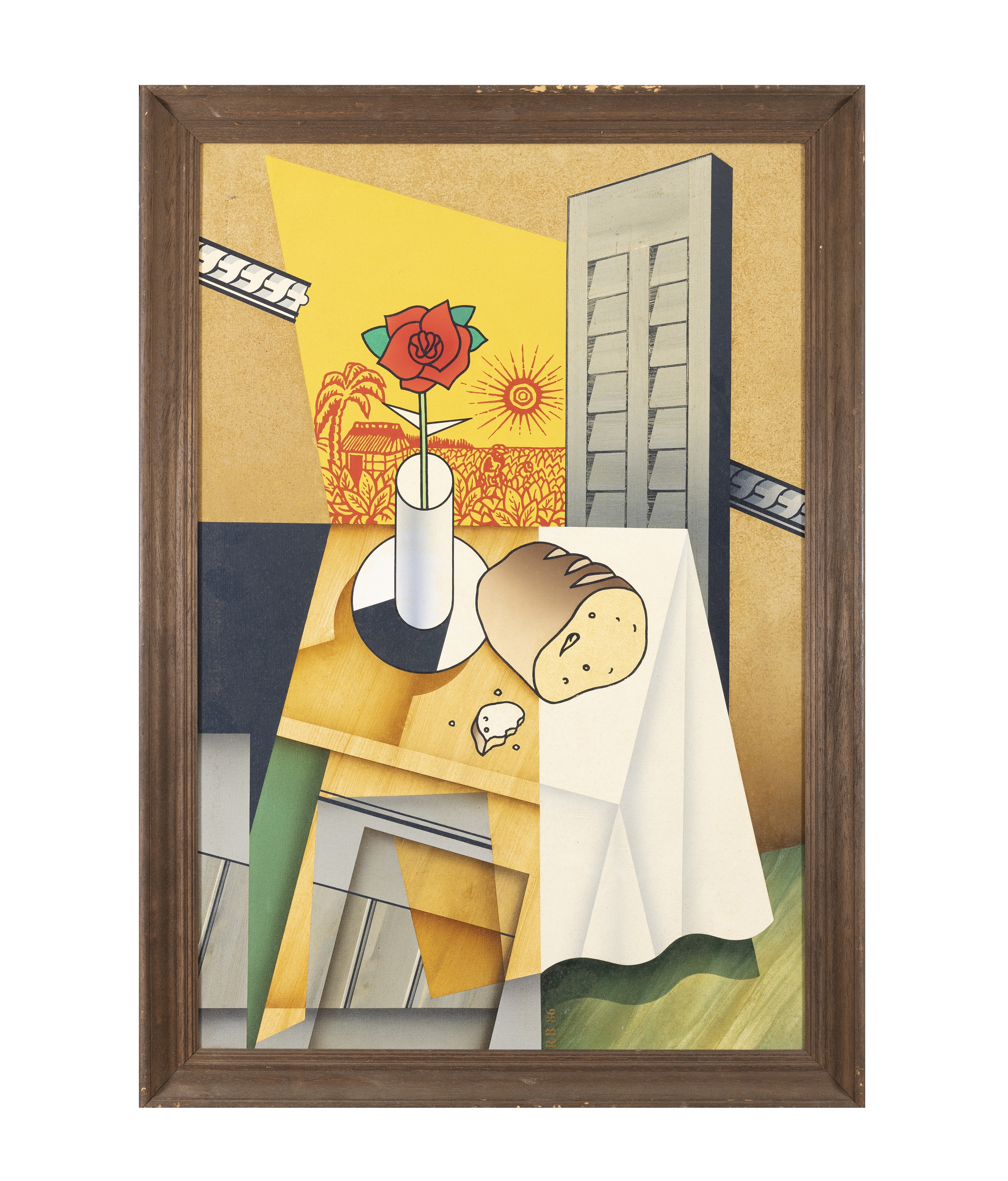 Artwork by Robert Ballagh, Still Life with Loaf and Rose, Made of Acrylic on board