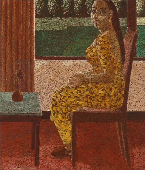 A seated figure in a yellow patterned dress sits on a wooden chair beside a small table with a vase, rendered in a textured mosaic style.
