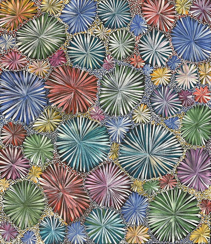 Artwork by Abie Loy Kemarre, Bush Flower Dreaming 2023, Made of acrylic on canvas