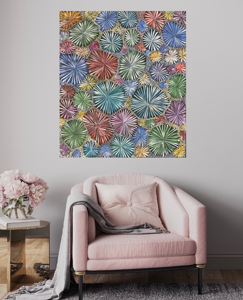 Artwork by Abie Loy Kemarre, Bush Flower Dreaming 2023, Made of acrylic on canvas