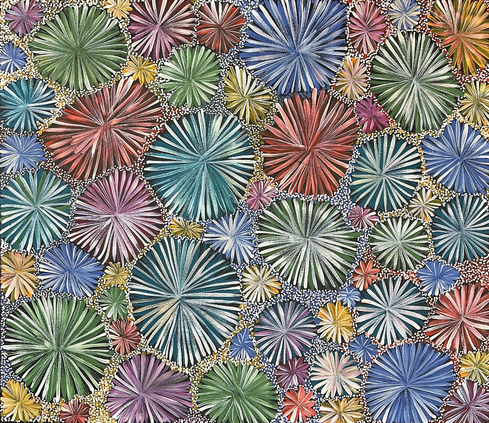 Artwork by Abie Loy Kemarre, Bush Flower Dreaming 2023, Made of acrylic on canvas