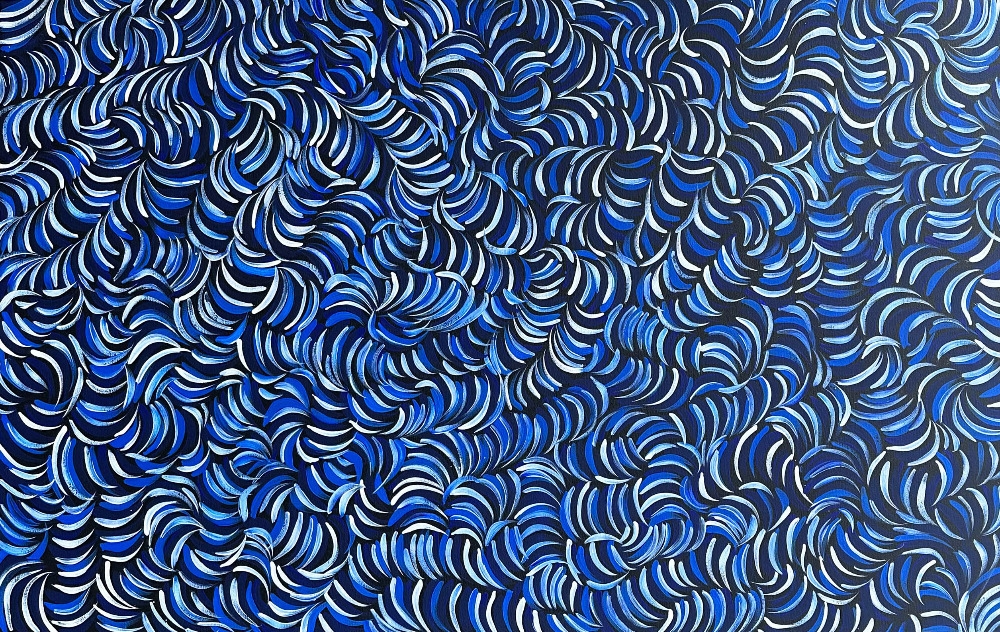 Artwork by Abie Loy Kemarre, Bush Medicine Leaf Dreaming 2022, Made of acrylic on canvas