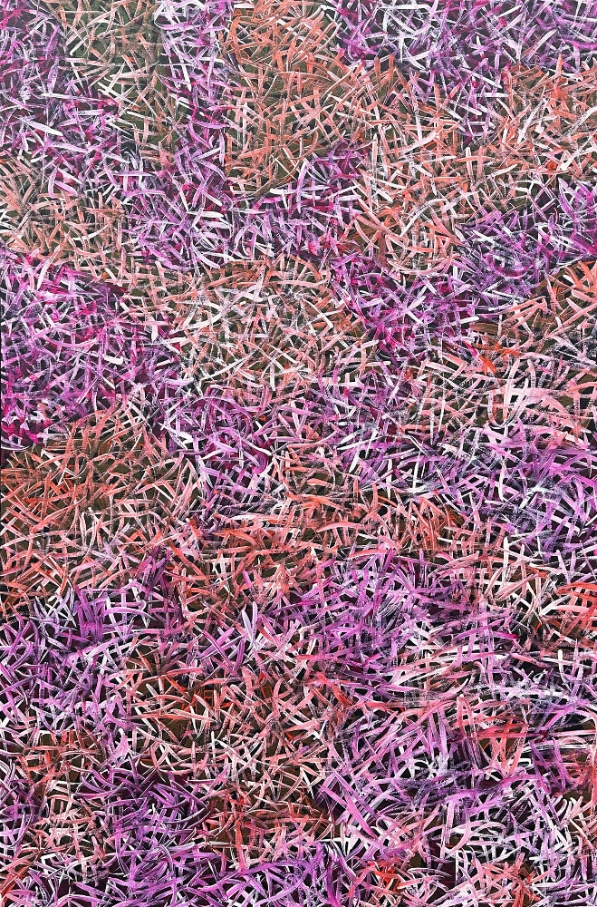 Artwork by Abie Loy Kemarre, Bush Grass Dreaming 2023, Made of acrylic on canvas