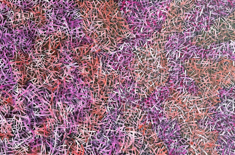 Artwork by Abie Loy Kemarre, Bush Grass Dreaming 2023, Made of acrylic on canvas
