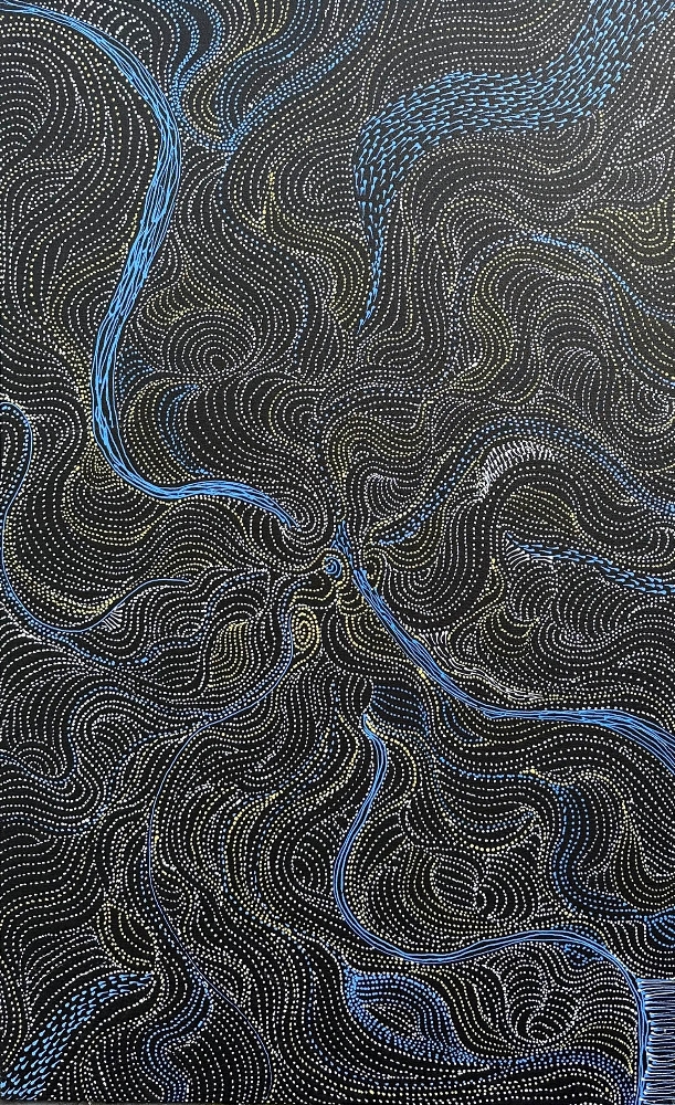 Artwork by Abie Loy Kemarre, Bush Seed and Leaf Dreaming 2022, Made of acrylic on canvas