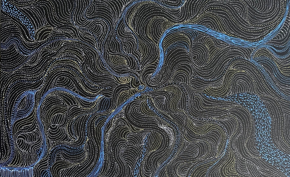 Artwork by Abie Loy Kemarre, Bush Seed and Leaf Dreaming 2022, Made of acrylic on canvas