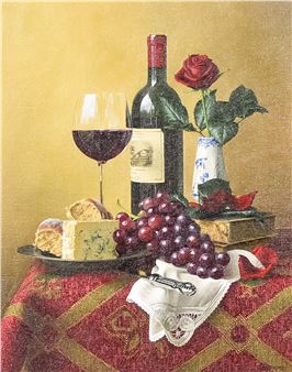 "Still life, wine, cheese, grapes and red rose" - Christine Bigmore
