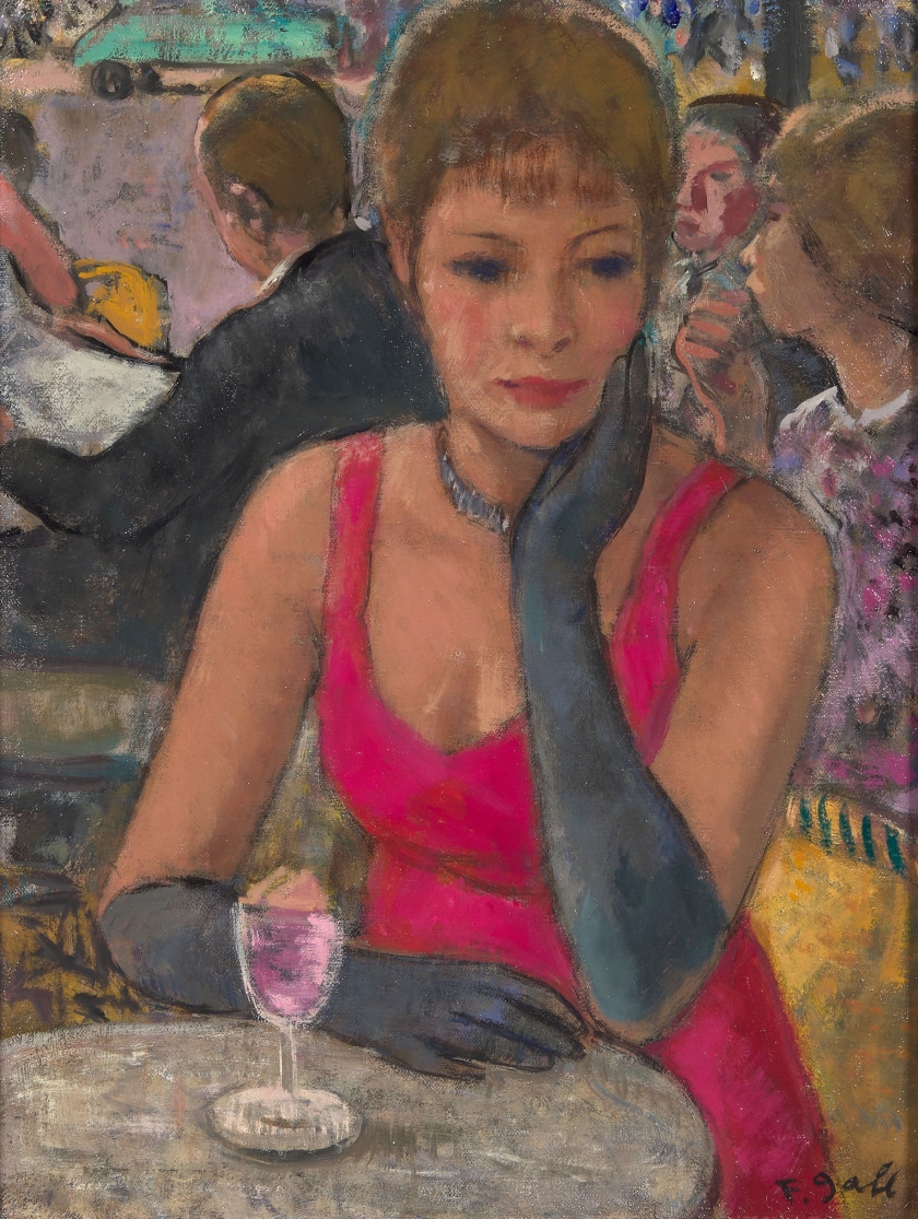 Artwork by François Gall, Avant le théâtre Montparnasse, robe rouge, gants noirs au Café, Made of Oil on canvas