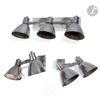 Very rare suite of three modernist nickel-plated adjustable sconces comprising a two-light corner pair and a three-light in-line pair. - Jules Leleu