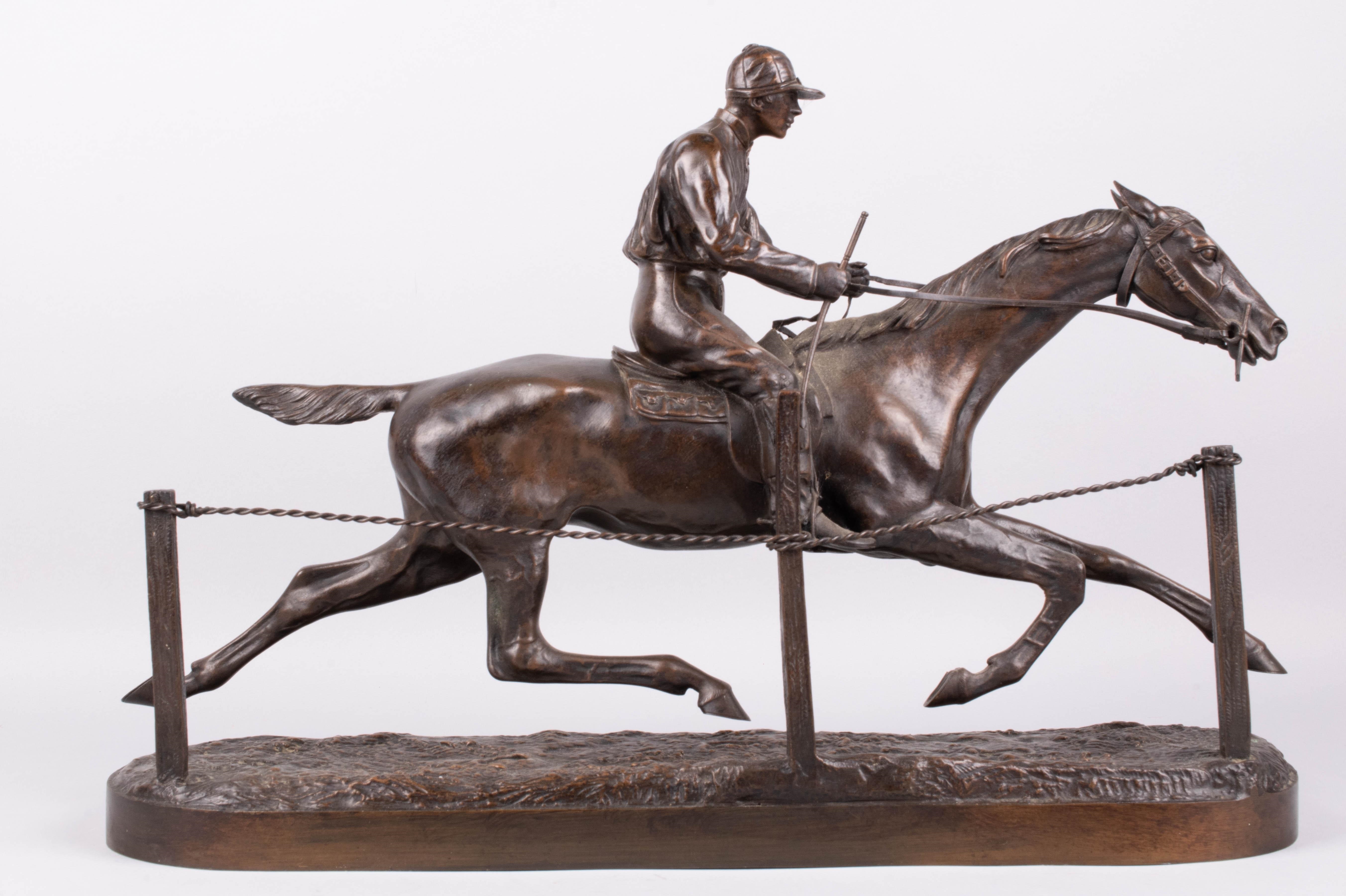 Artwork by H.R. de Vains, BRONZE GROUP OF JOCKEY ON RUNNING HORSE, Made of BRONZE