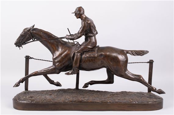 BRONZE GROUP OF JOCKEY ON RUNNING HORSE by H.R. de Vains