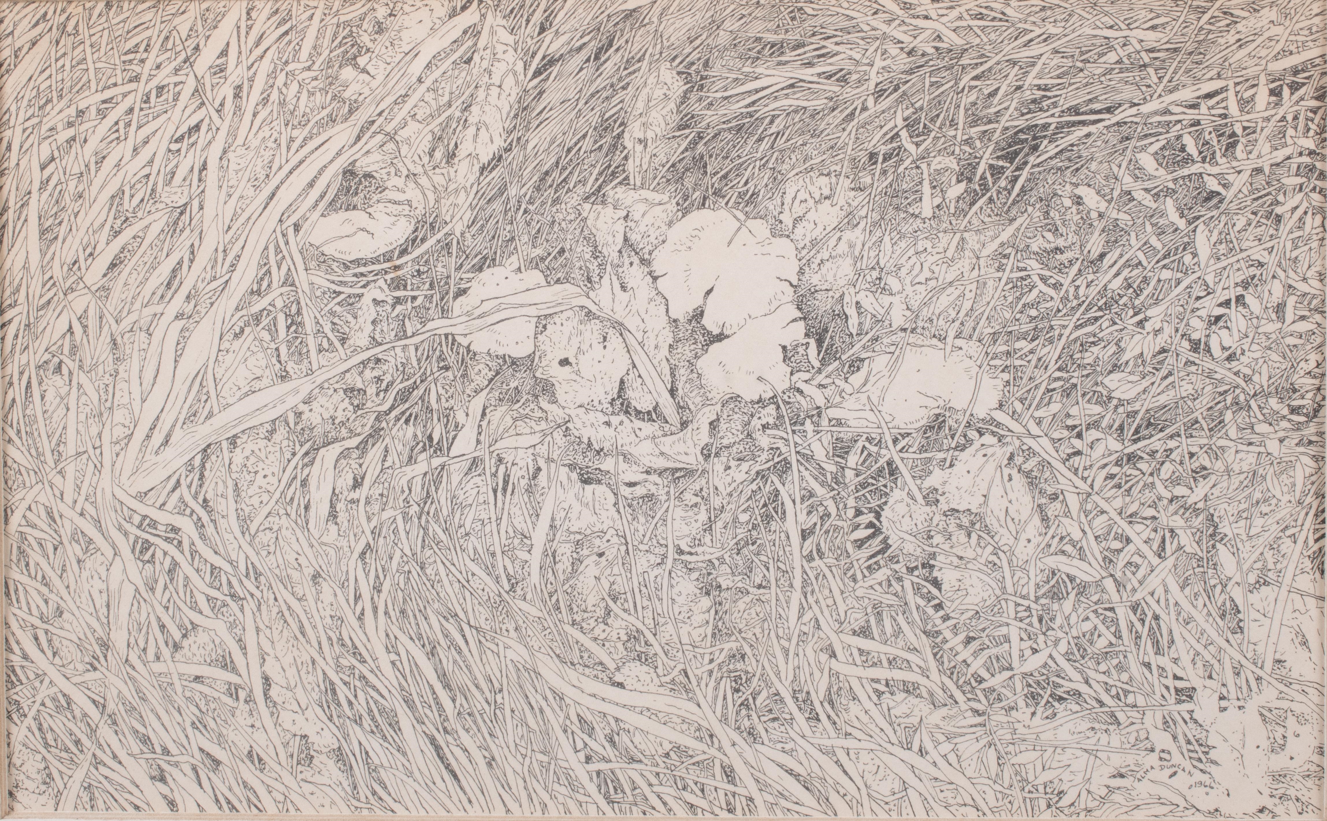 A monochromatic etching of a cluster of white flowers nestled among tall, textured grasses.