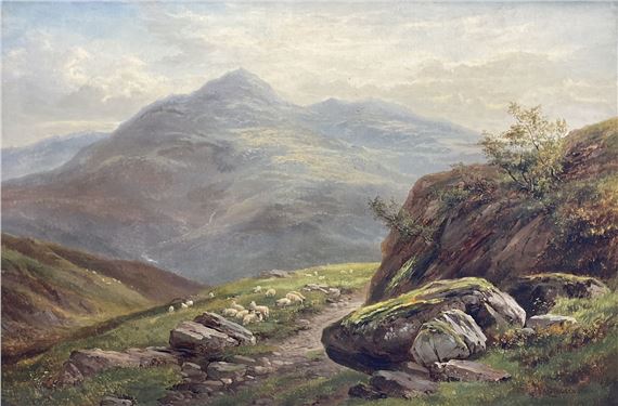 A pastoral landscape painting featuring a winding path, grazing sheep, and distant mountains under a cloudy sky.