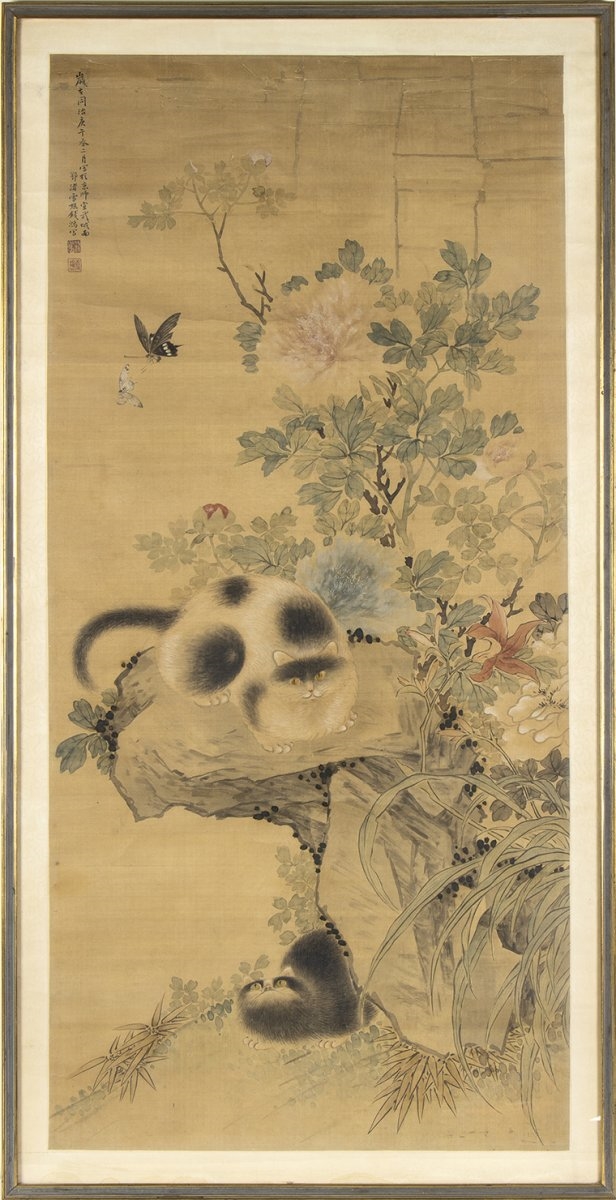 Artwork by Chinese School, TWO CATS AMIDST FLOWERS, ROCKS AND BIRDS, Made of INK AND COLOURS ON SILK