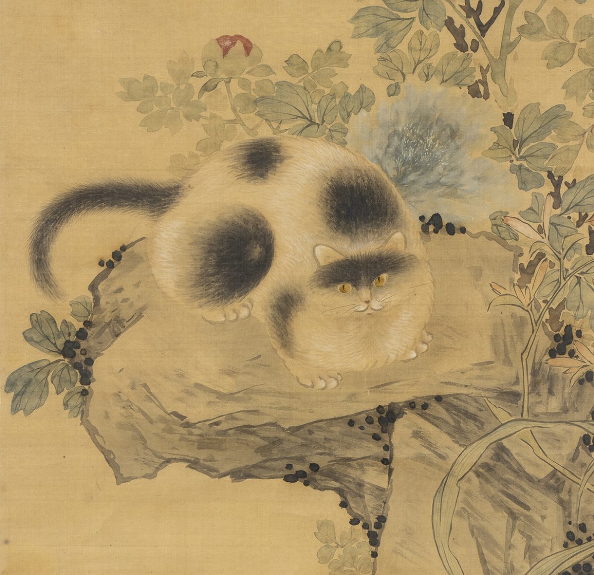 Artwork by Chinese School, TWO CATS AMIDST FLOWERS, ROCKS AND BIRDS, Made of INK AND COLOURS ON SILK