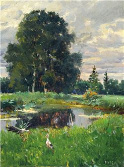 Busy landscape, forest clearing with pond and two storks in dense greenery - Michel Koch