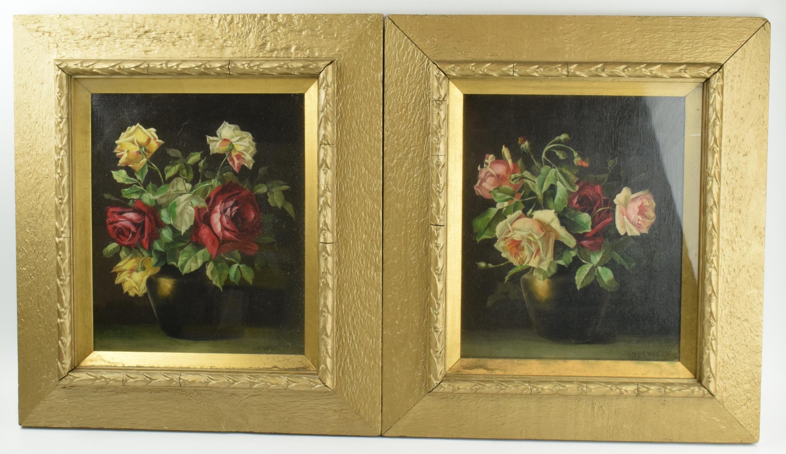 Artwork by Charles Howson Bennett, pair of still life scenes Roses in vases, Made of oil on canvas (2)