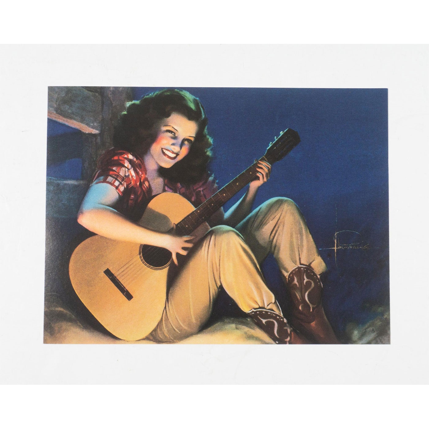 Vintage print of a country girl with a beautiful smile holding a guitar. by Rolf Armstrong