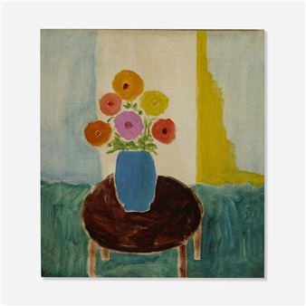 A still life painting featuring a blue vase of colorful flowers on a brown stool against a textured background.