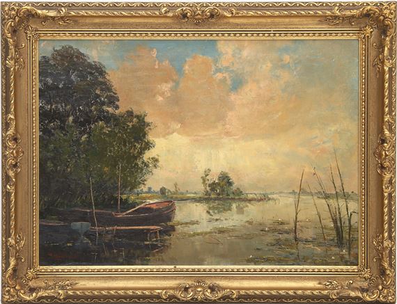 Waterkant met boot bij ondergaande zon by Willem Horselenberg