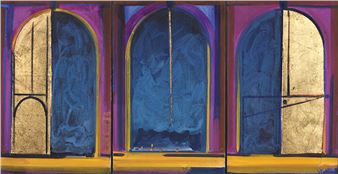 A triptych painting featuring three arched doorways with vibrant purple frames and textured blue interiors.