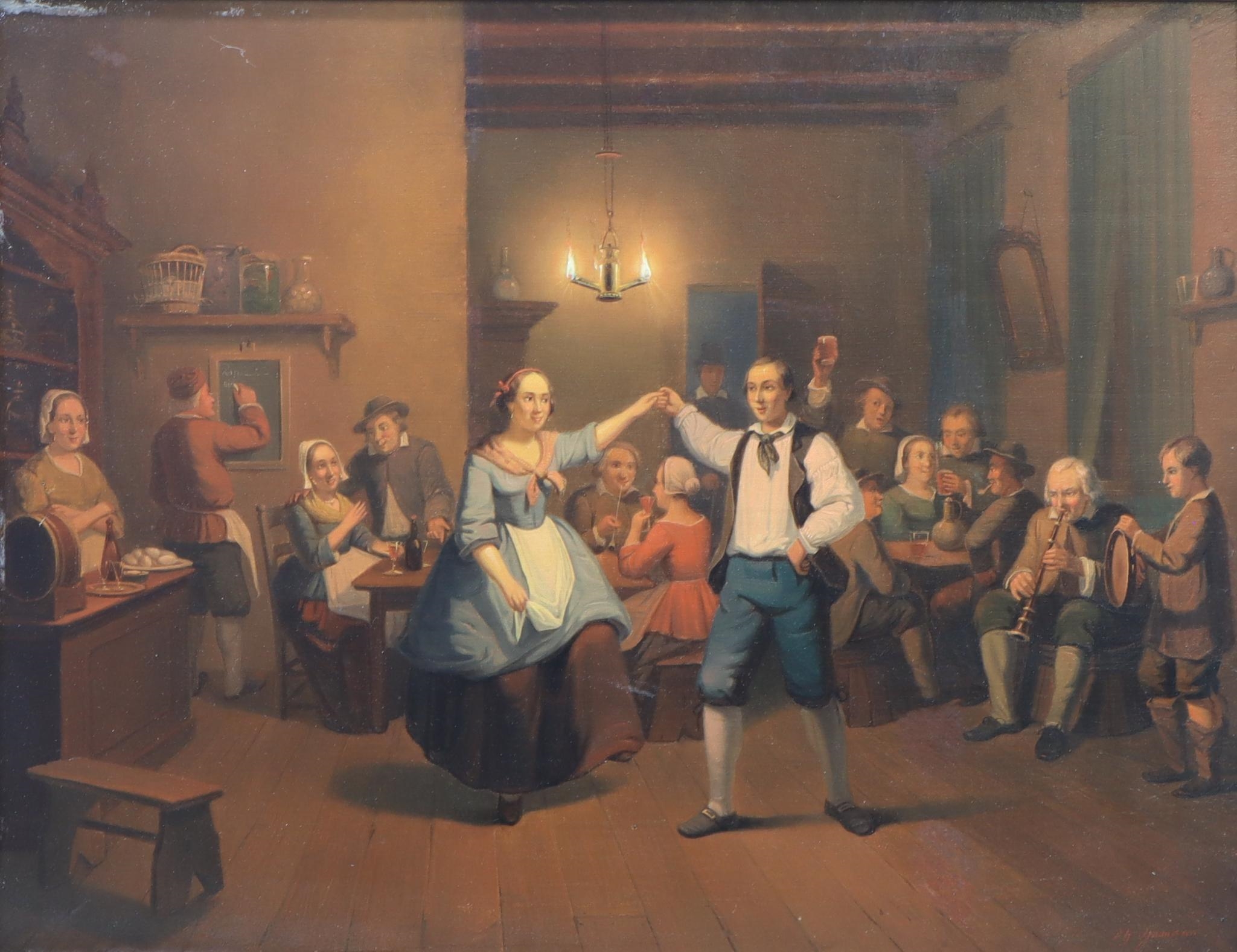 Artwork by Pieter Geerard Sjamaar, Interior tavern scene with dancers and revelers, Made of Oil on panel