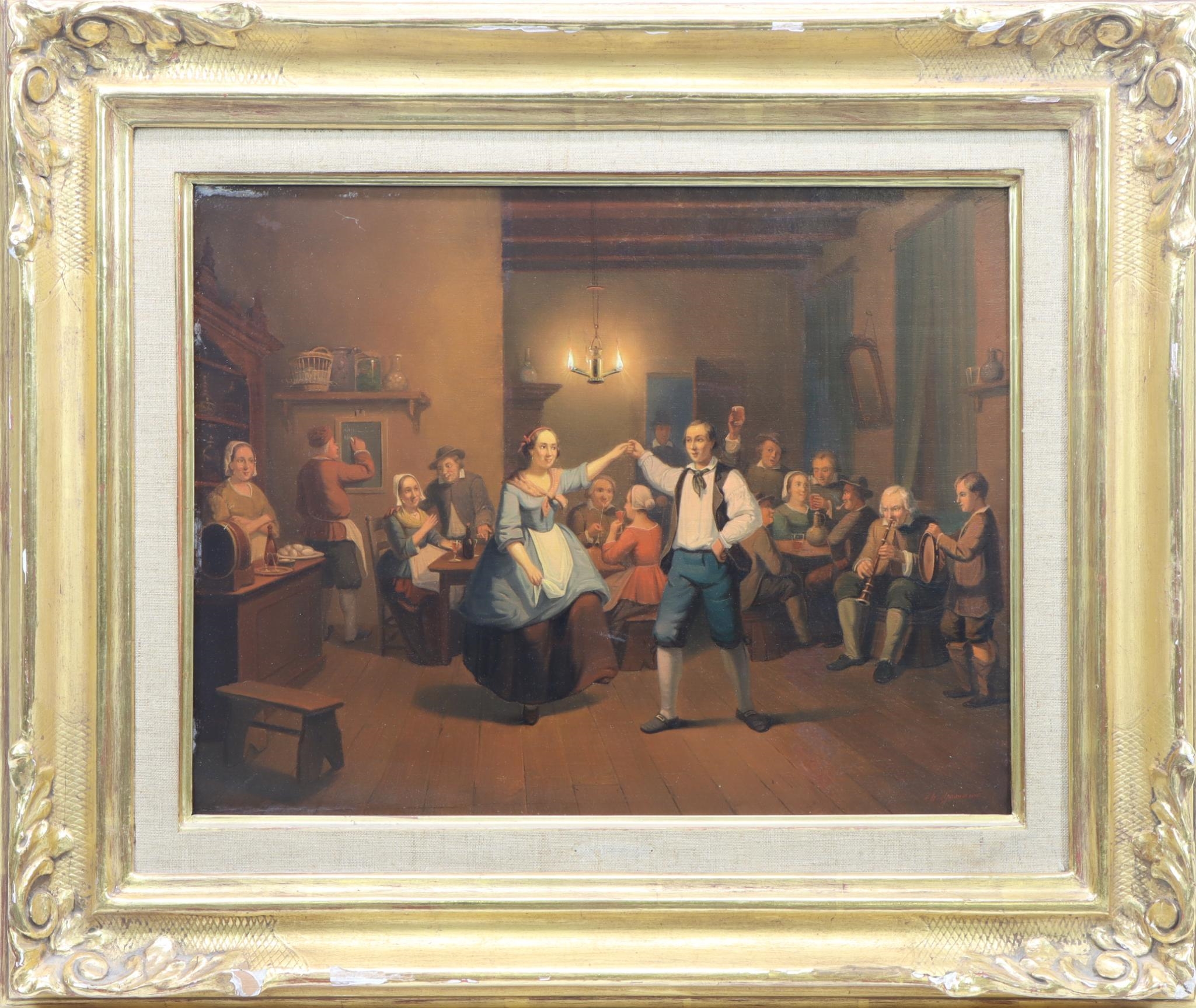 Artwork by Pieter Geerard Sjamaar, Interior tavern scene with dancers and revelers, Made of Oil on panel
