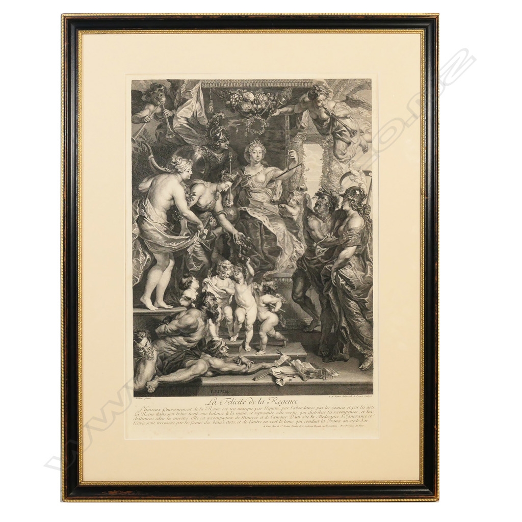 Artwork by Peter Paul Rubens, A 19thC engraving 'La Felicite de la Regence' by Rubens, Made of engraving