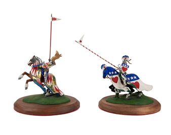 Painted pewter figures of heraldic knights on horseback - Brian Rodden