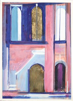 A colorful architectural study of a building facade featuring arched windows and doors in pink, blue, and gold tones.