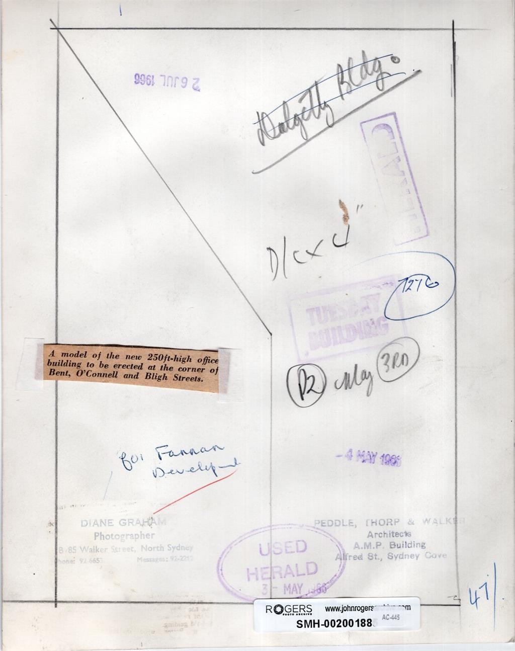 Artwork by Diane Graham, A model of a new office building to be built on the corner of Bent, O'Connell, and Bligh Streets, Sydney, Made of gelatin silver print
